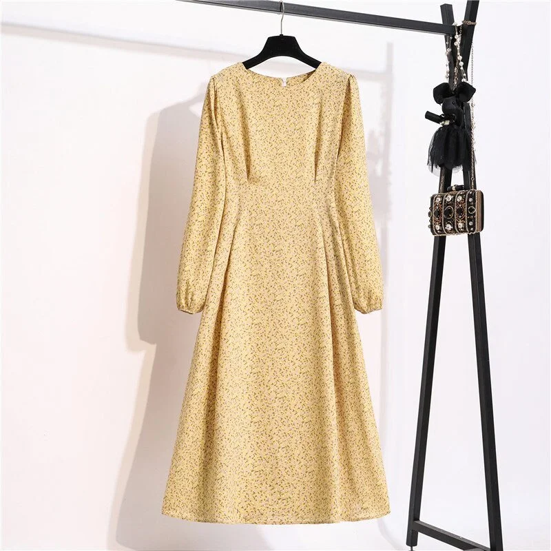 Autumn Winter Women Dress 2022 Vintage Lantern Sleeve Floral Print Chiffon Long Dress Casual A-line Elegant Party Vestidos Robe