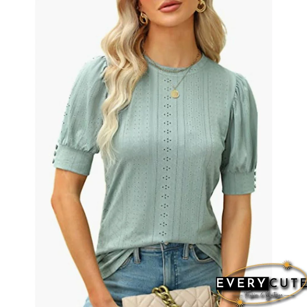 Pea Green Hollow-out Puff Sleeve Tops