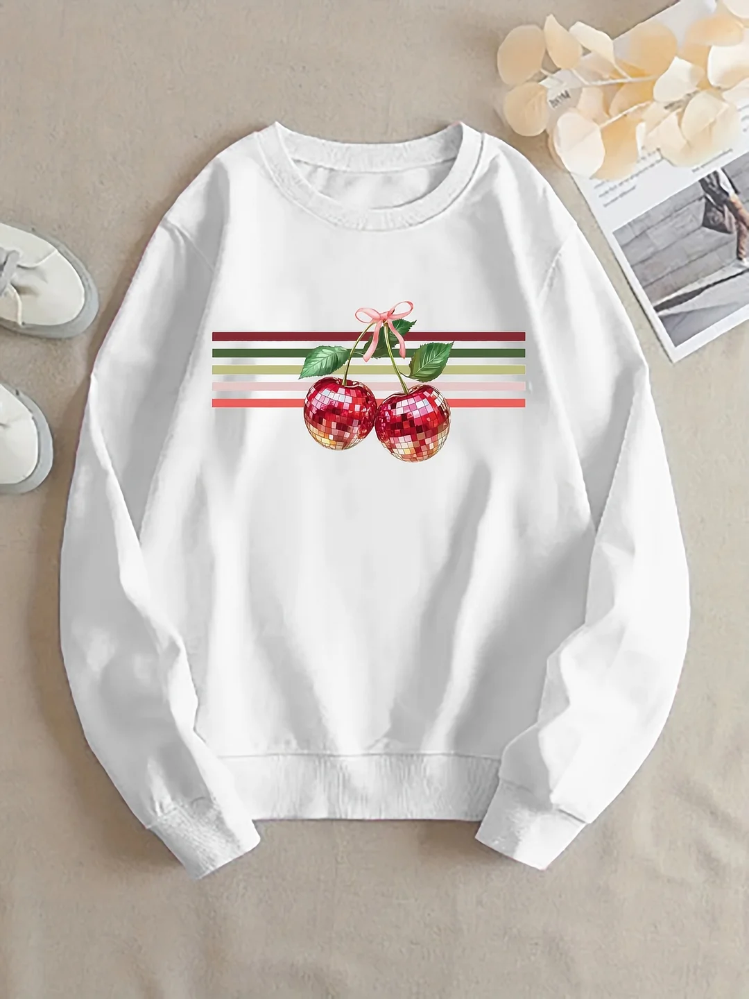 Sequined Cherry Style: A Women's Round-Neck Casual Sweatshirt With A Pattern Of Sequined Cherries And Colorful Stripes, Presenting A Fashionable Cherry Style | IFYHOME