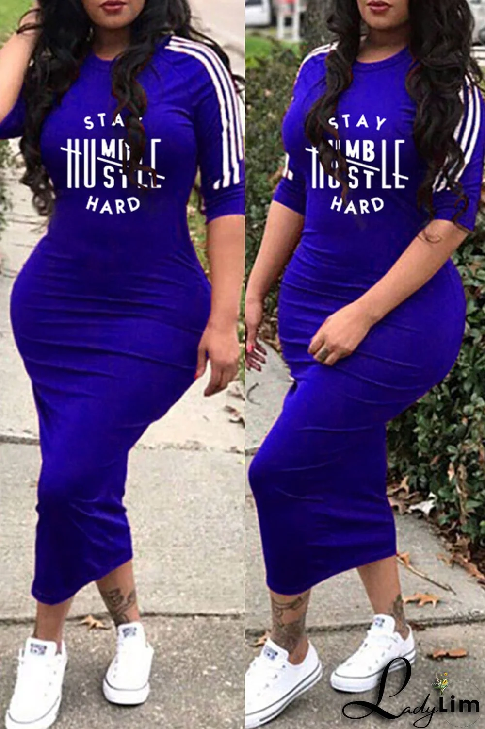 Deep Blue Fashion Casual Letter Print Split Joint O Neck Dresses