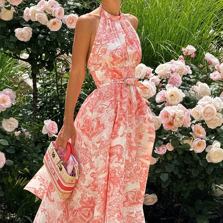 Fashion Backless Print Mid-length Dress