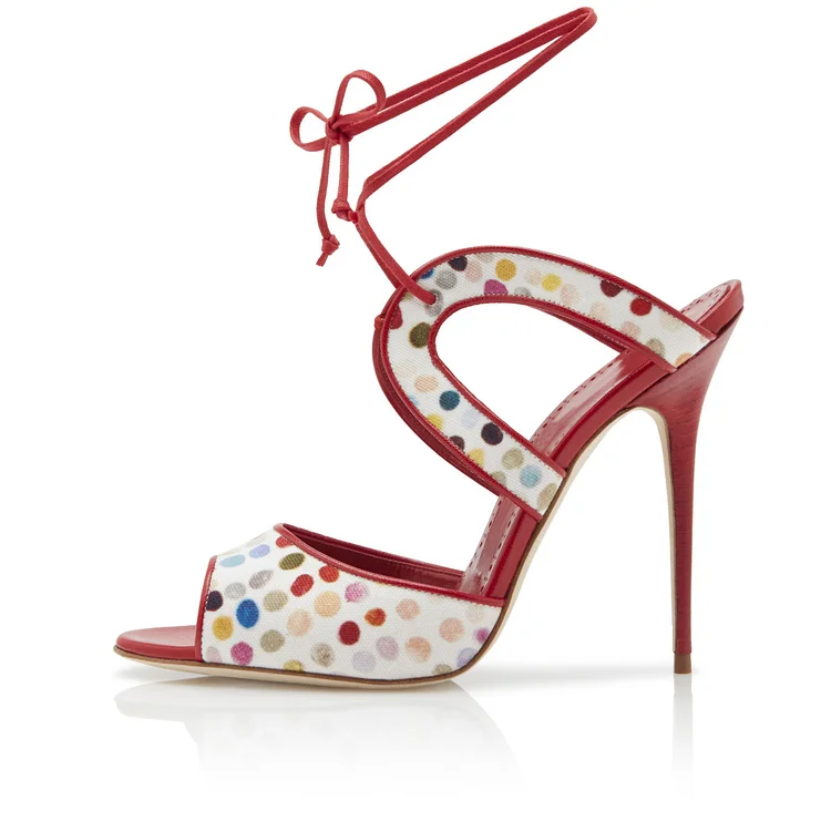 Red and White Canvas Stiletto Heel Ankle Strap Sandals |FSJ Shoes