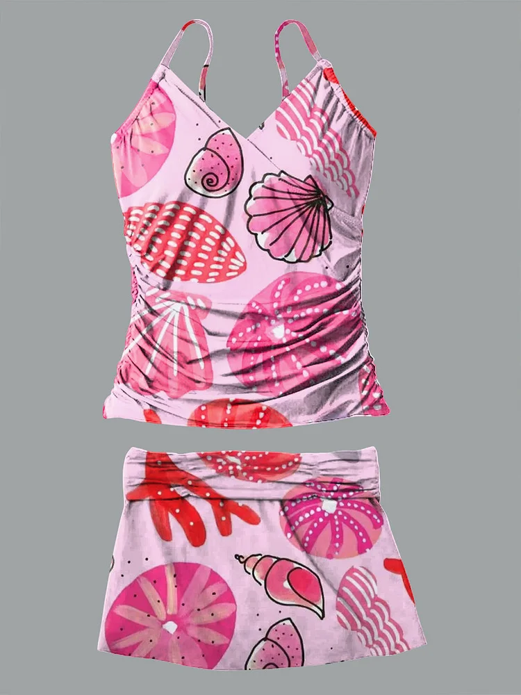 Shell Ocean Pattern Print Suspender Bikini V-Neck Set Swimsuit