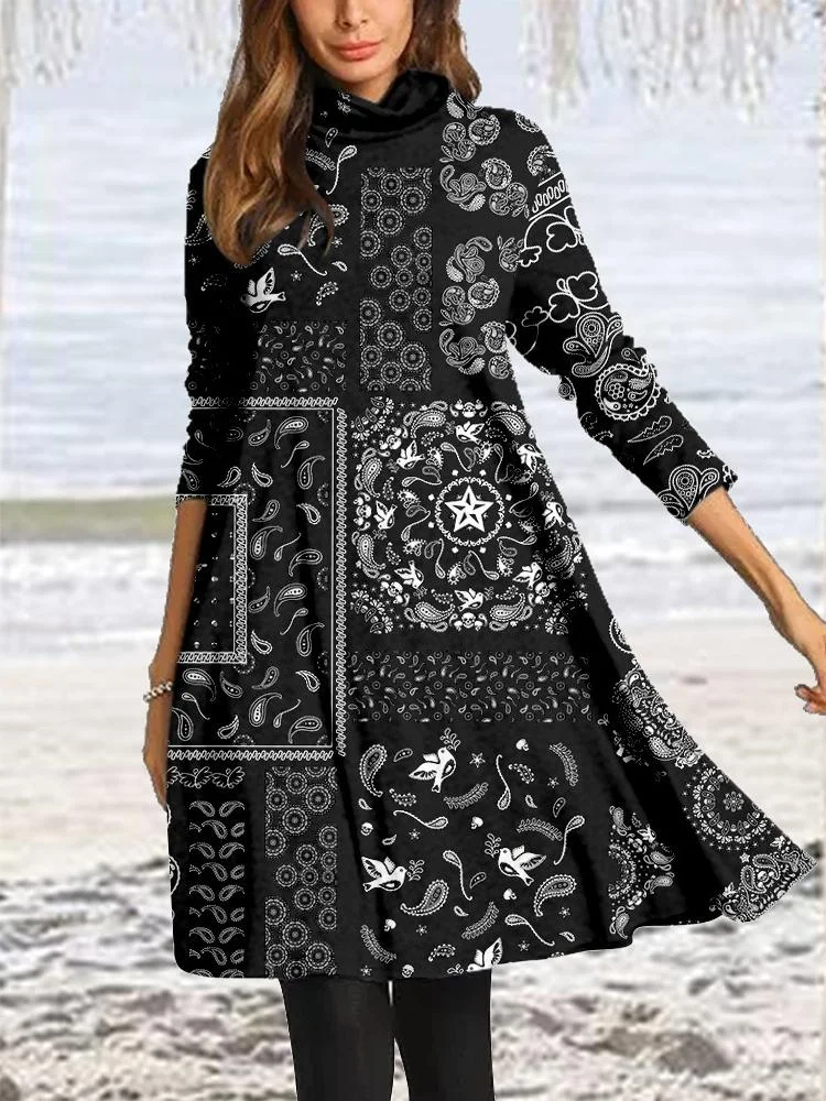 Women Long Sleeve Scoop Neck Printed Midi Dress