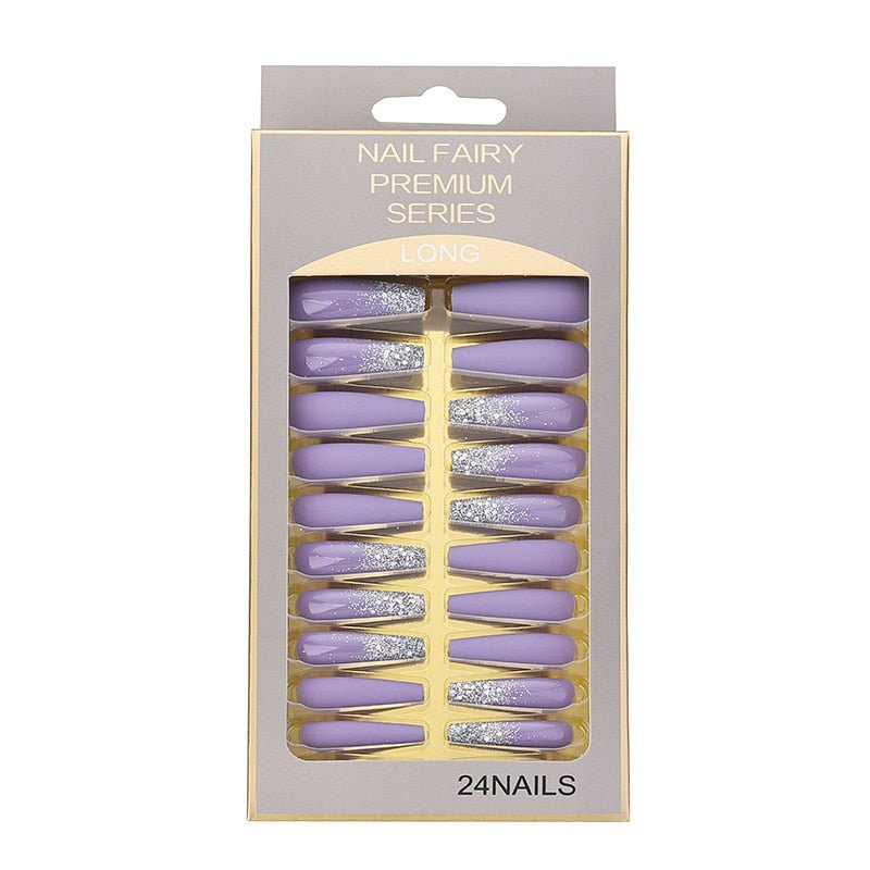 24PC/Box Artificial Nails With Glue Glitter Long Ballerina False Nails Beauty Women Wearable Fake Nails Full Cover Nail Tips Art