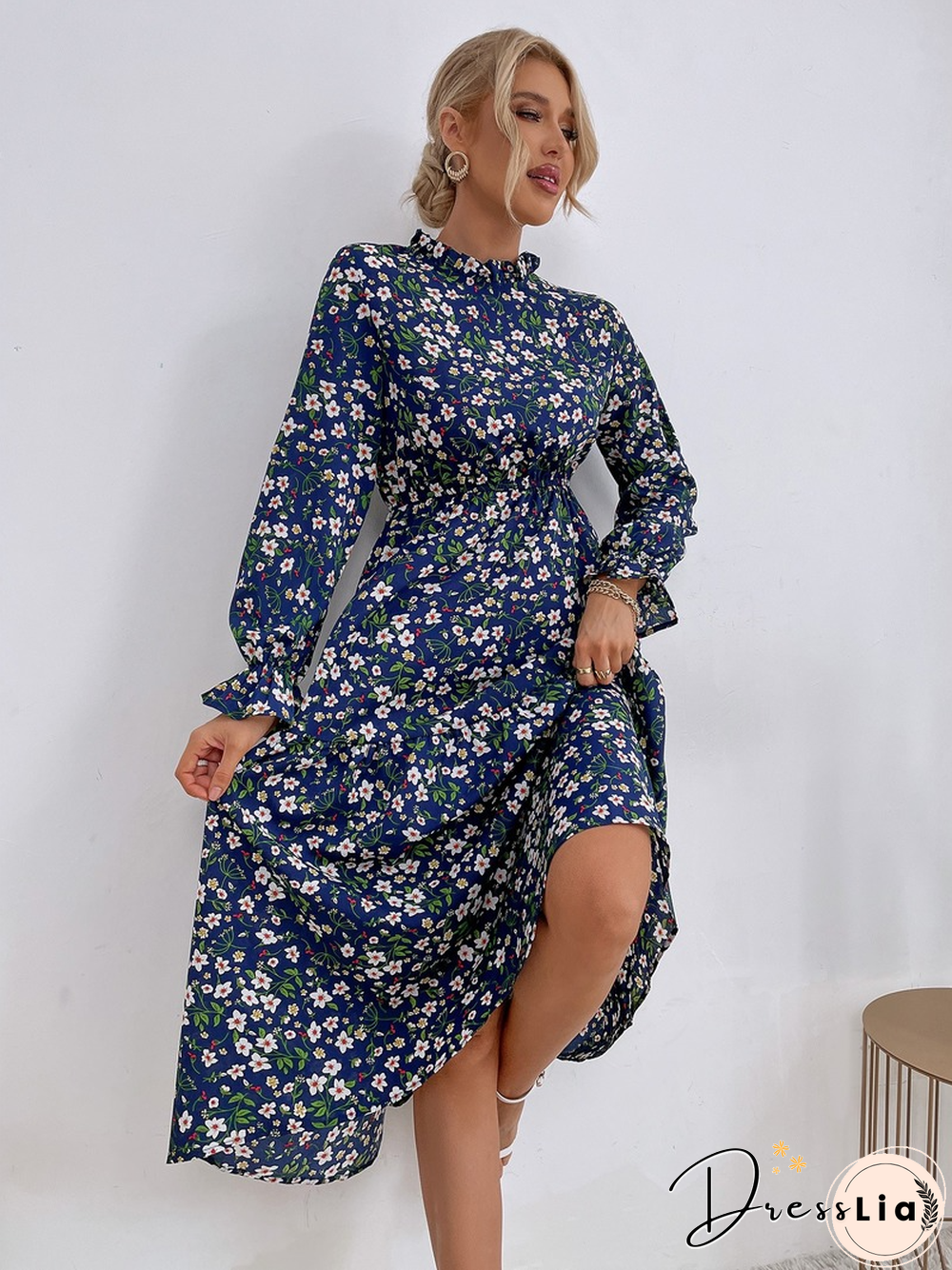 Elegant Fashion Slim Floral Print Dress Women Spring Dress New Casual High Waist Sexy Full Flared Sleeve Midi A-line Dress