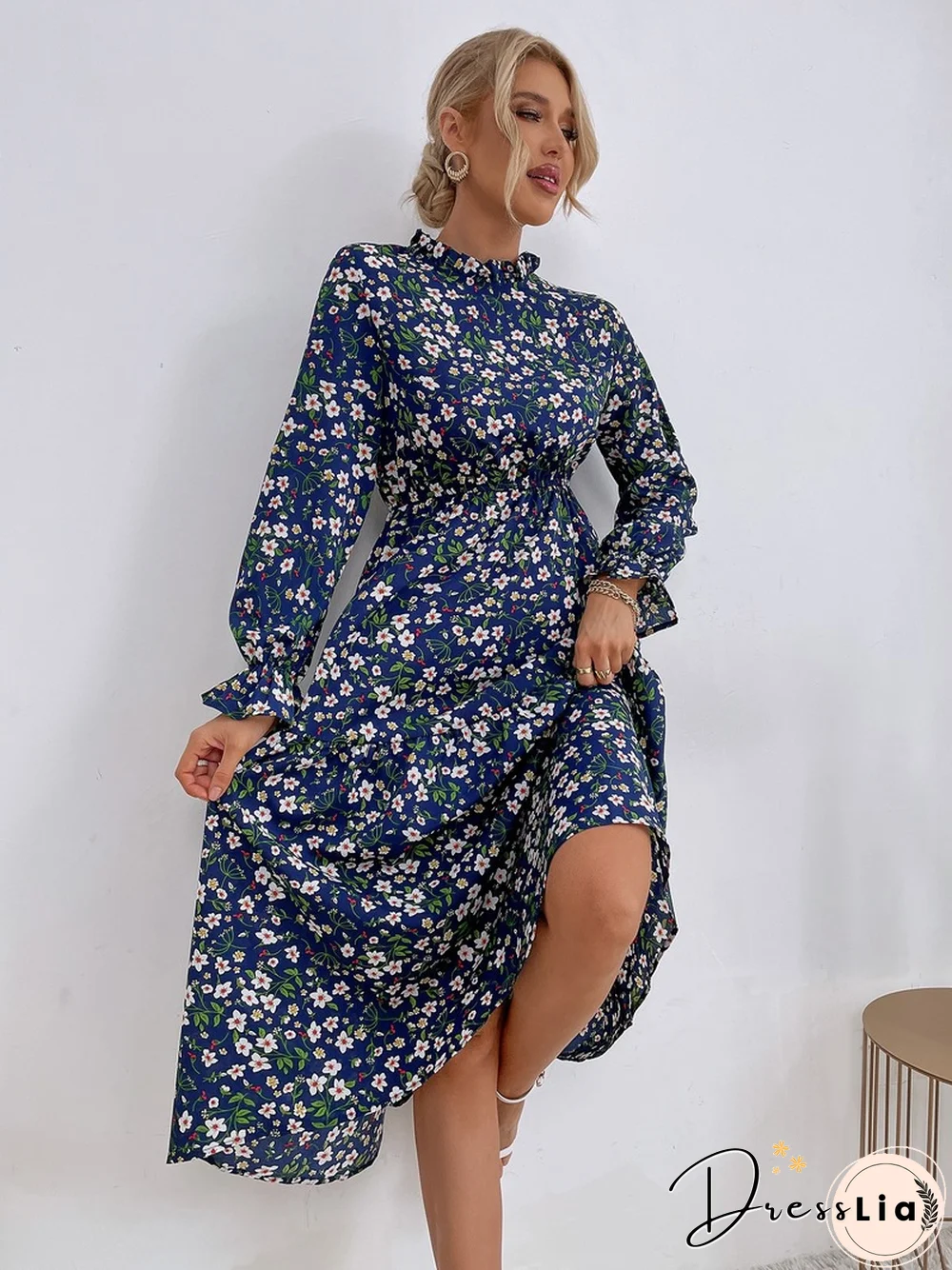 Elegant Fashion Slim Floral Print Dress Women Spring Dress New Casual High Waist Sexy Full Flared Sleeve Midi A-line Dress
