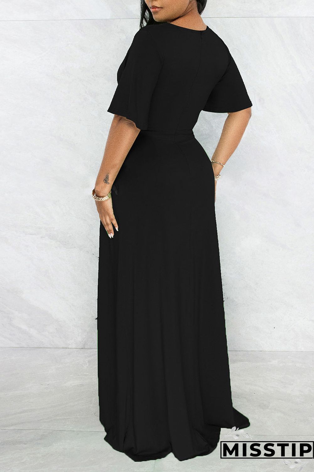 Black Casual Solid Patchwork Asymmetrical V Neck Straight Dresses