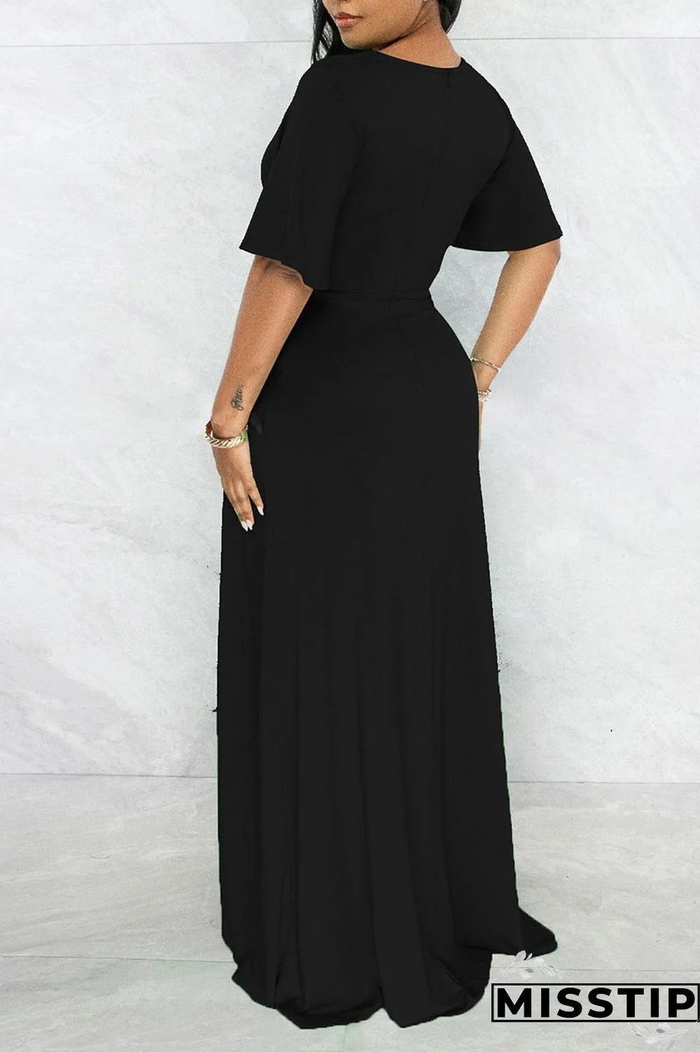 Black Casual Solid Patchwork Asymmetrical V Neck Straight Dresses