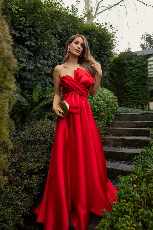 Strapless Red Bow Neckline Split Evening Dress | ZT0435