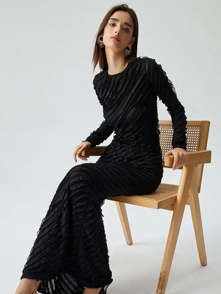 Bodycon Pleated Mesh Long Sleeve Crew Neck Long Dress