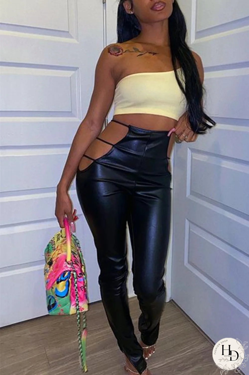 Black Sexy Solid Split Joint Skinny High Waist Pencil Solid Color Bottoms