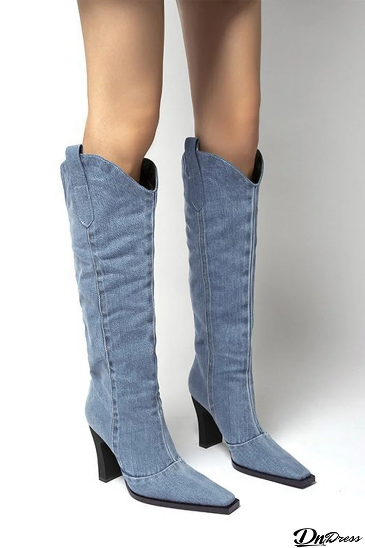 Blue Pointed-Toe Knee-High Denim Boots