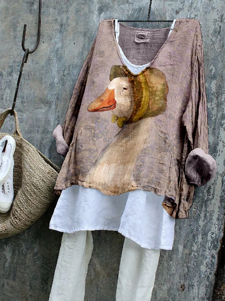 VChics Vintage Mother Goose Pattern Linen Blend Tunic
