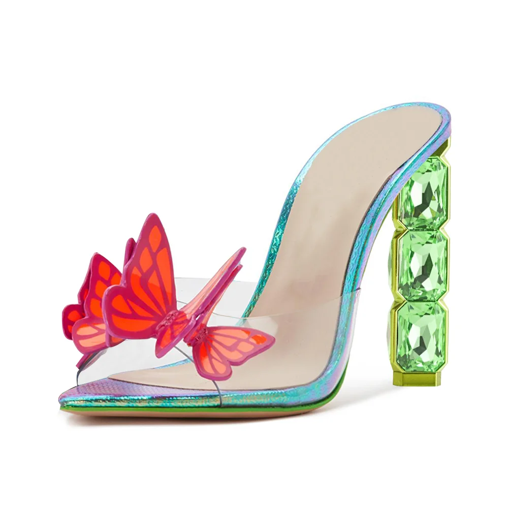 Shiny Multicolor & Clear Leather Opened Pointed Toe Mules With Katie Butterfly Decorative Heels  Nicepairs