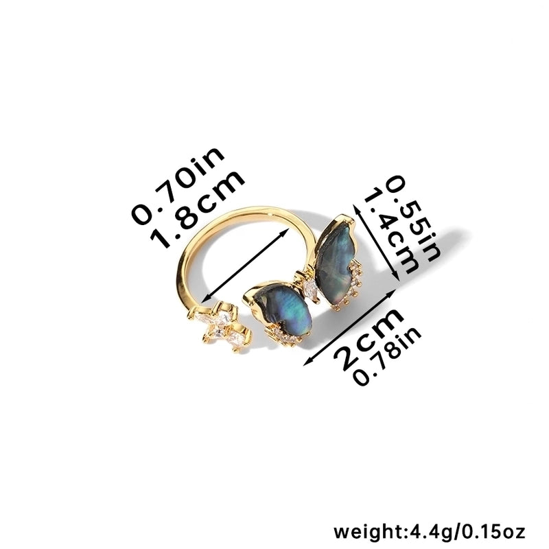 Copper 18K Gold Plated Inlay Butterfly Shell Zircon Open Rings