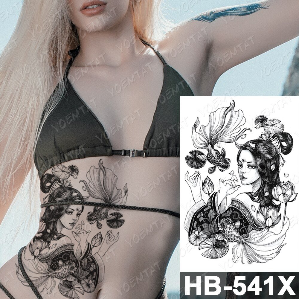 Gingf Temporary Tatto Stickers Sexy Beauty Carp Peony Chrysanthemum Body Art Flash Fake Tattoo Men Women Transfer Tattoos