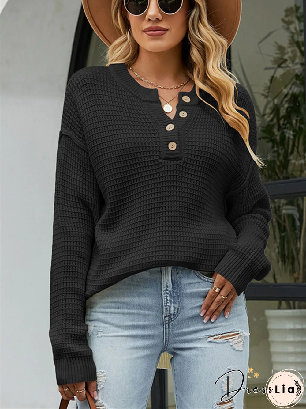 Casual Loose Solid Color Button Sweater