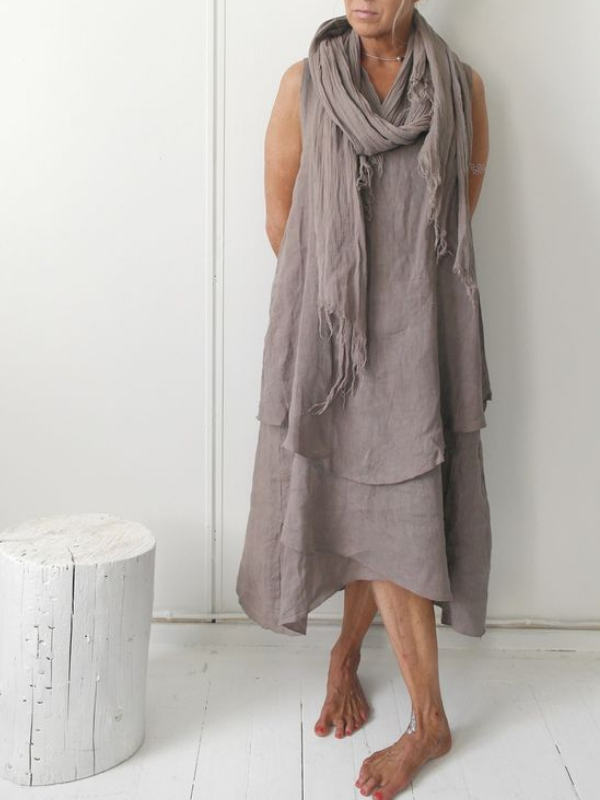 V Neck Linen Plain Casual Casualdress