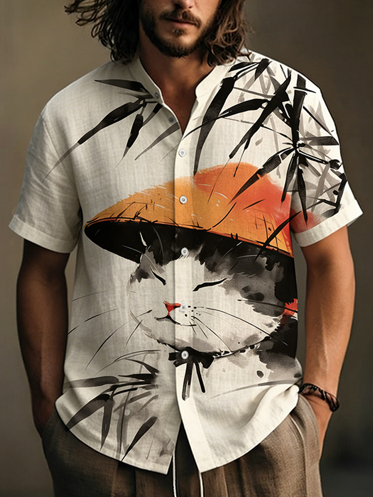 Men's Vintage Bamboo Japanese Cat Art Linen Shirt  artssus
