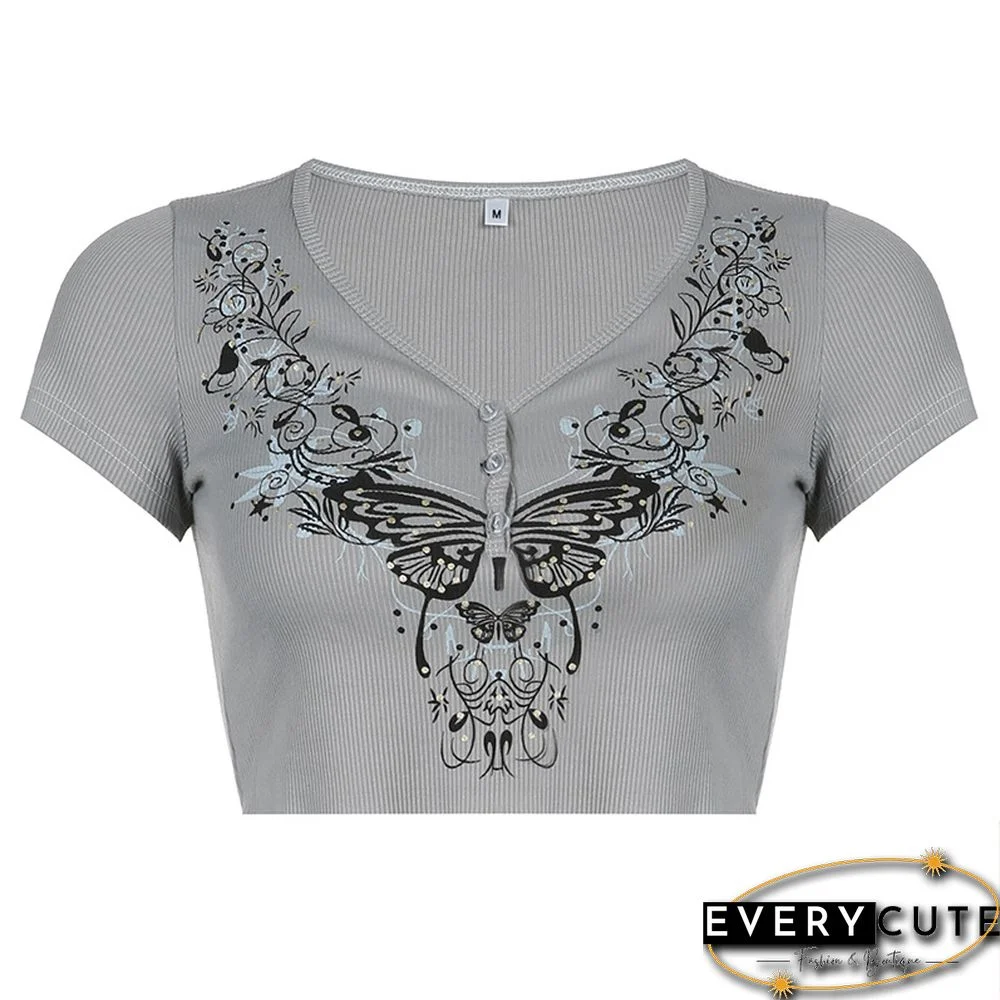 Vintage Retro Butterfly Print Rhinestone T-Shirt