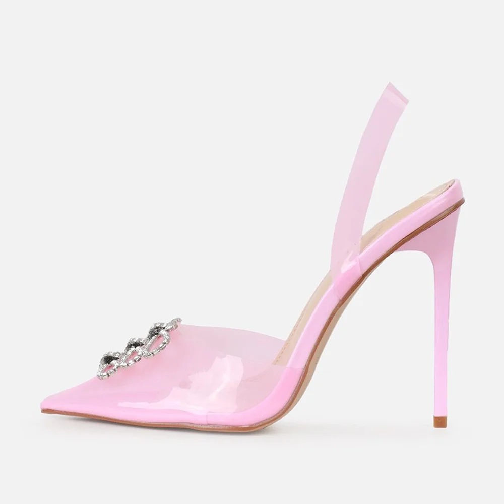 Pink & Clear PVC Pointed Toe Stiletto Heel Rhinestone Pumps Nicepairs