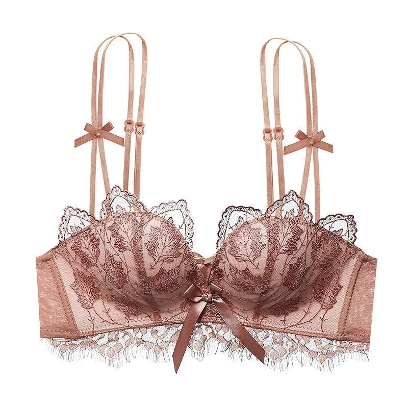 DERUILADY Lace Floral Embroidery Bra Backless Push Up Bras For Women Sexy Lingerie Comfortable Adjustable Wireless Bralette