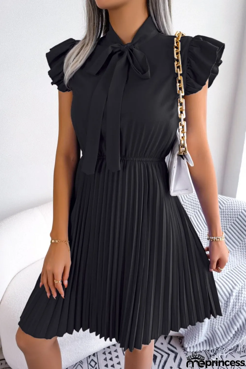 Tie Neck Butterfly Sleeve Pleated Dress