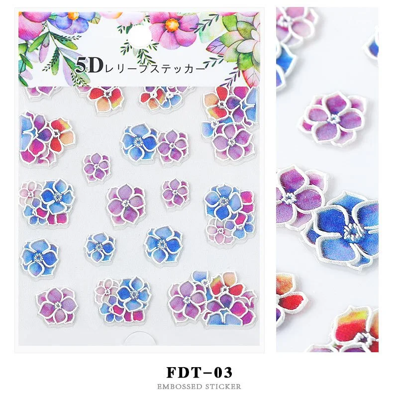 Nail Stickers Embossed 5D Flowers Leafs Designs Back Glue Nail Decals Decoration Tips For Beauty Salons-Nail Inspo
