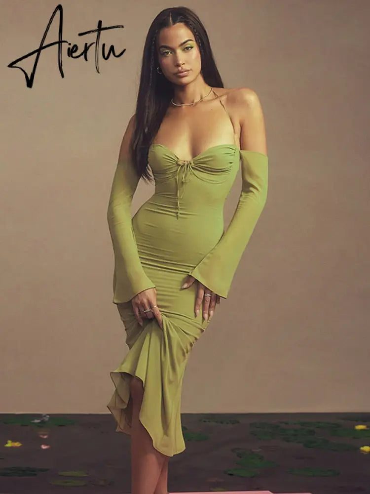 Aiertu  Elegant Halter Midi Dress for Women Summer Sexy Backless Club Party Green Mesh Sheer Dresses Gown Vestido Clothes Aiertu