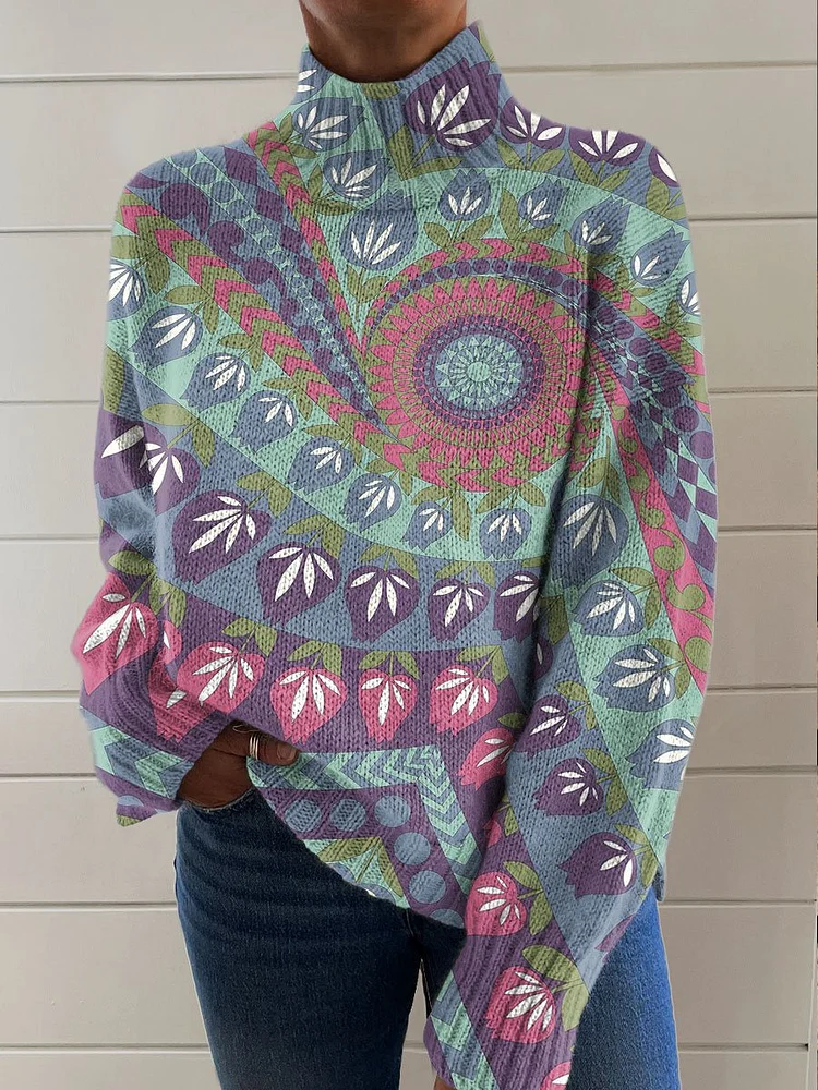 Tulip Flower Spiral Art Print Knit Turtleneck Pullover Sweater