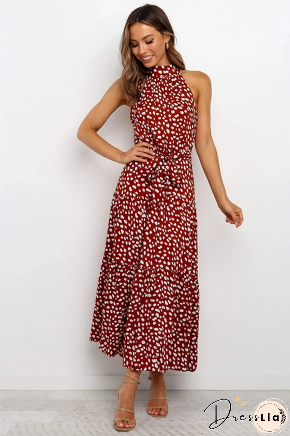 Plus Size Elegant Ladies Dress-Sleeveless-Collect Waist-Polka Dot-Long Boho Casual