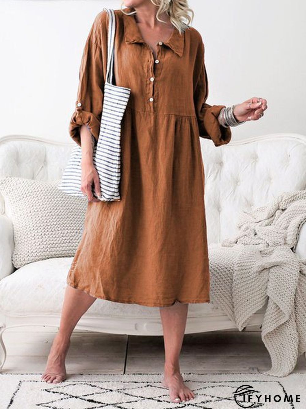 Women Summer Convertible Long Sleeve Buttoned Loose Weaving Dress | IFYHOME