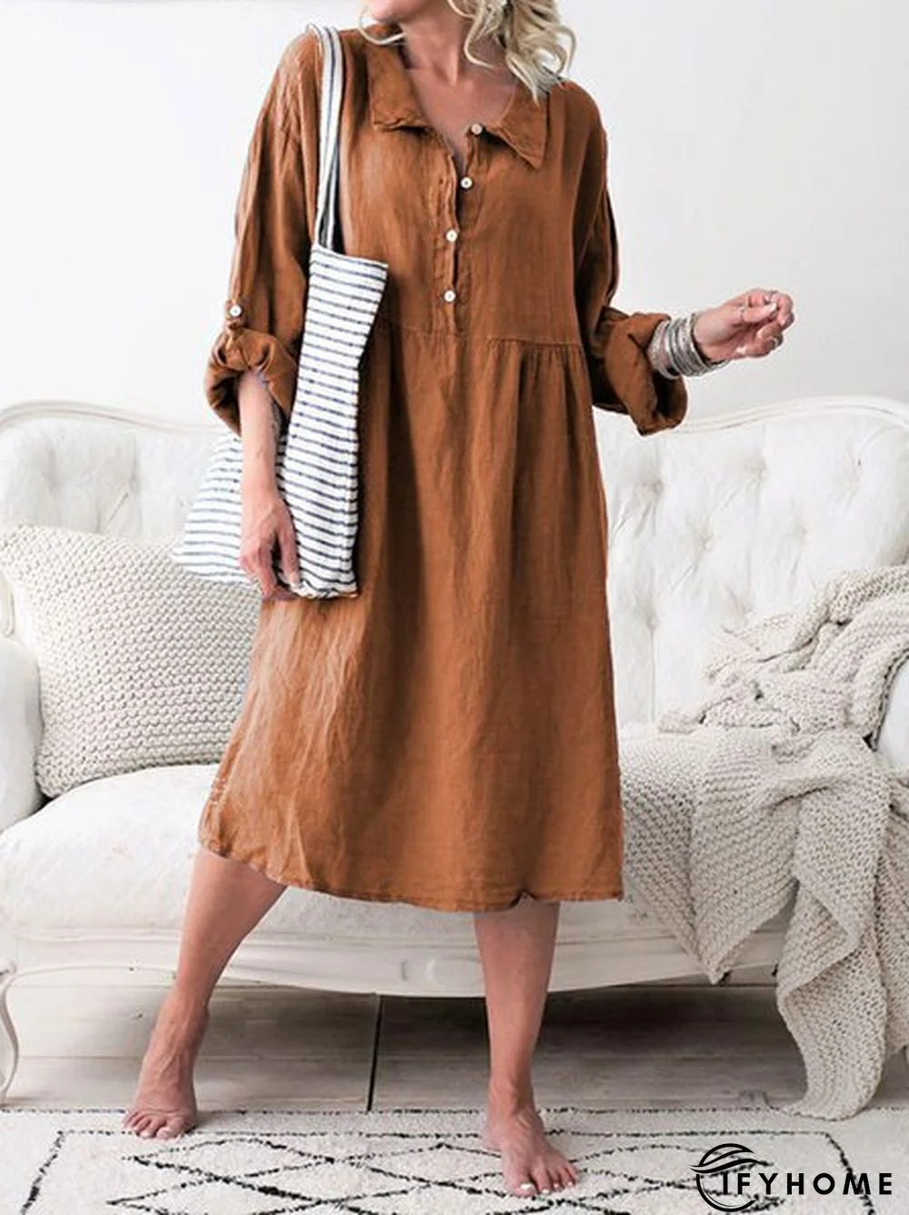 Women Summer Convertible Long Sleeve Buttoned Loose Weaving Dress | IFYHOME