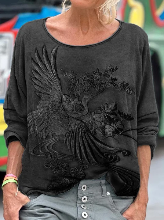 Cranes Floral Japanese Embroidered Comfy T Shirt