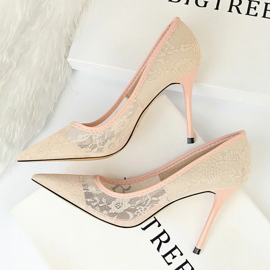 Lace Pumps Women High Heels Summer 2020 Fashion Sexy Party Wedding Shoes Pumps Ladies White Red Shoes Pointed Toe Hollow Shoes