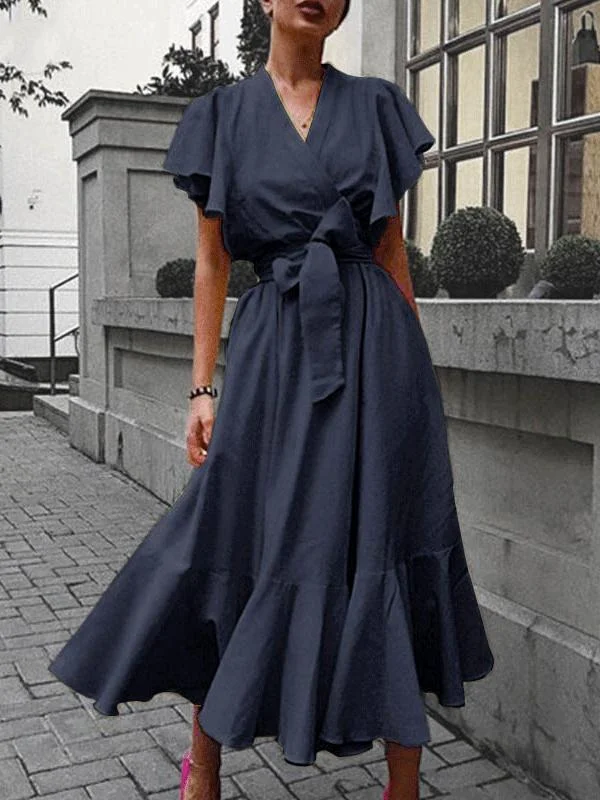 Ladies Retro V-neck High-waist Lace-up Dress-3color,6size-Mayoulove