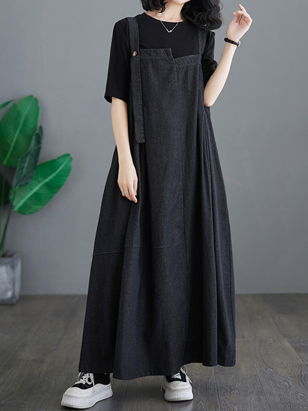 Vintage Loose Casual Denim Strap Maxi Dress