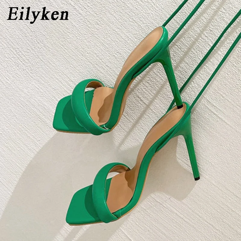 Eilyken 2022 New Ankle Strap Green Women's High Heels Sandals Square toe Female Party Shoes Sandalias de mujer