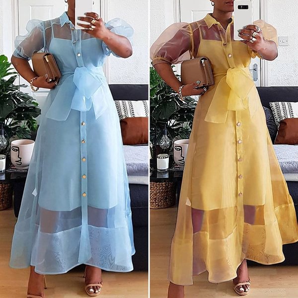 S-5XL Women Short Sleeve Smocked Dress Button Up High Waist Summer Maxi Dress With Lining Dress Vestidos - Life is Beautiful for You - SheChoic
