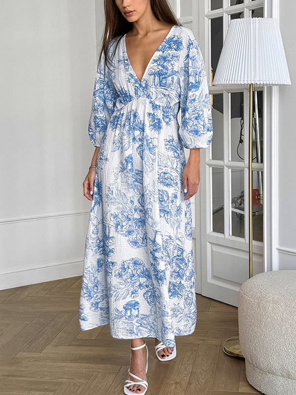 Vintage Flower Printed V Neck Lantern Sleeve Midi Dress