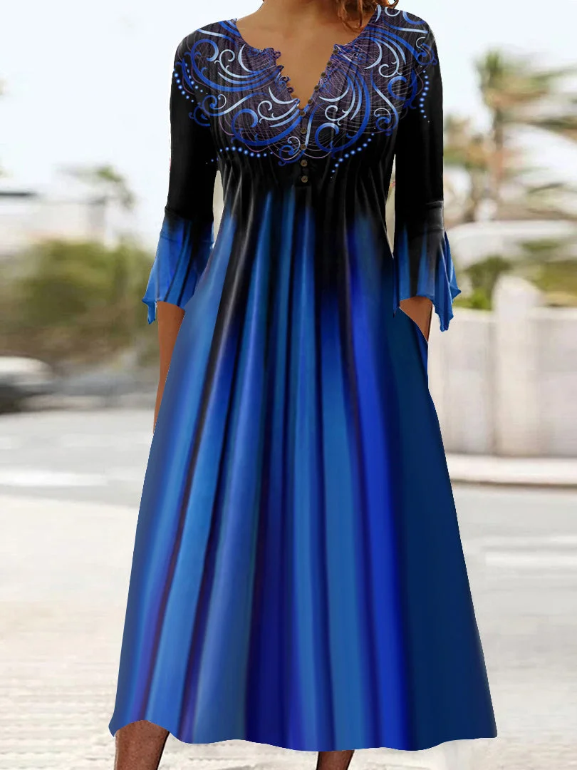 Women's 3/4 Sleeve V-neck Graphic Midi Dress