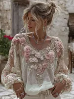 Women's Vintage Pink Rose Embroidery Art Round Neck Linen Blend T-shirt