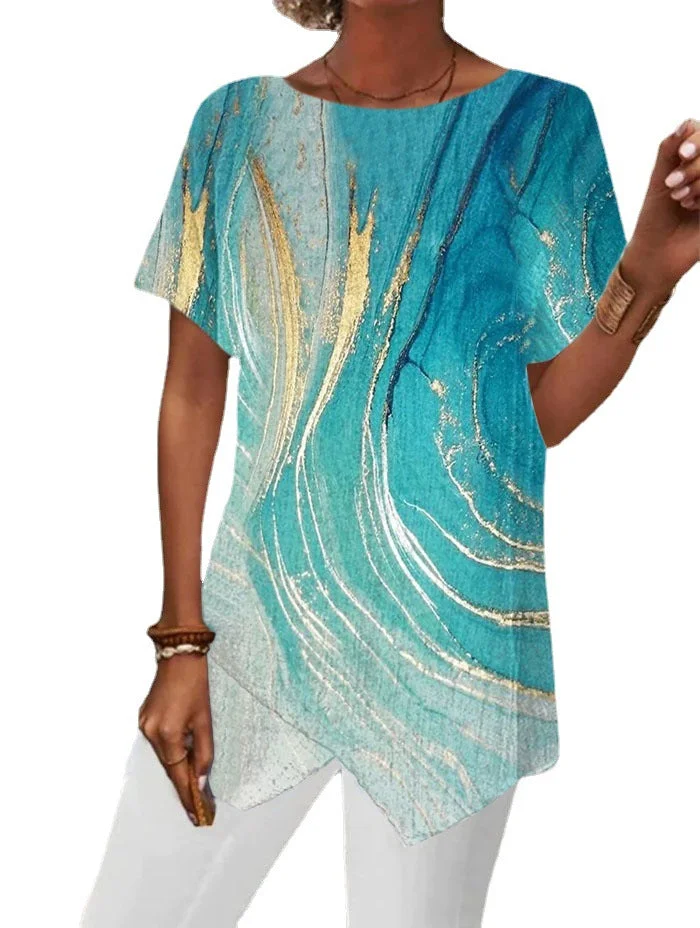 Uveng Geometric Print Loose Sleeve Irregular Blouses