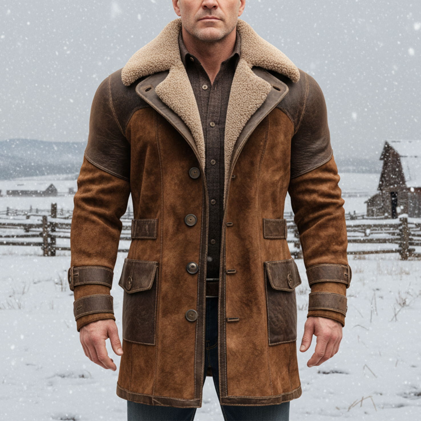 Men's Vintage Brown Suede Leather Shearling Coat