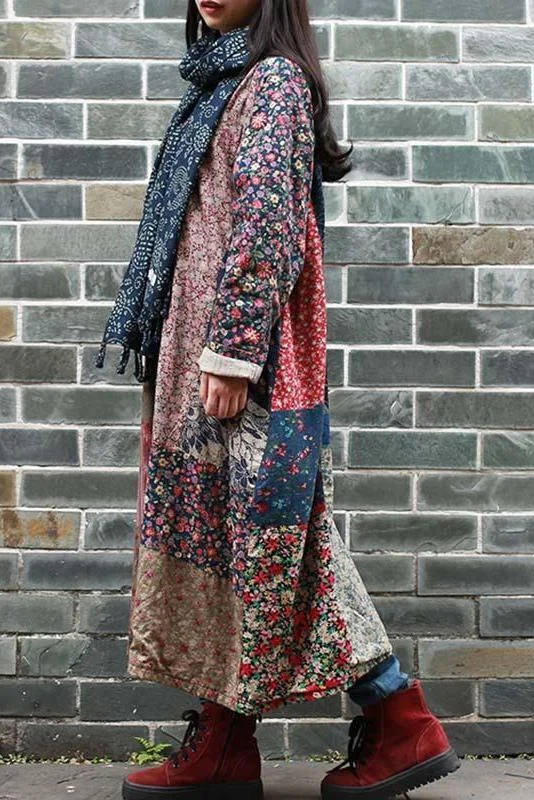 Plus Size - Women Retro Color Contrast Floral Coat