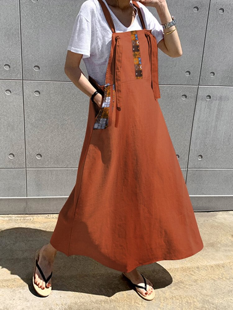 Vintage Printed Side Pockets Straps Sleeveless Maxi Dress - Life is Beautiful for You - SheChoic