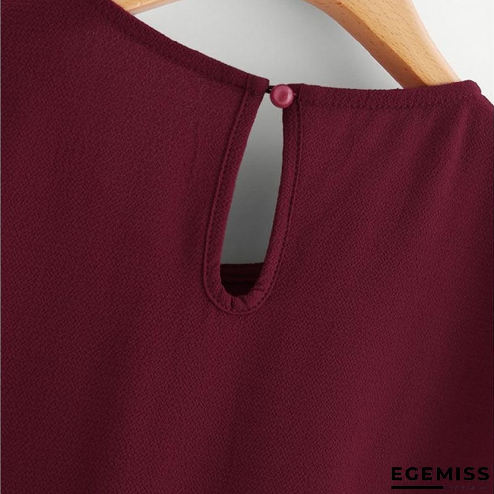 Burgundy Asymmetrical Blouse Petal Sleeve Pleated Detail Solid Short Sleeve Blouse | EGEMISS
