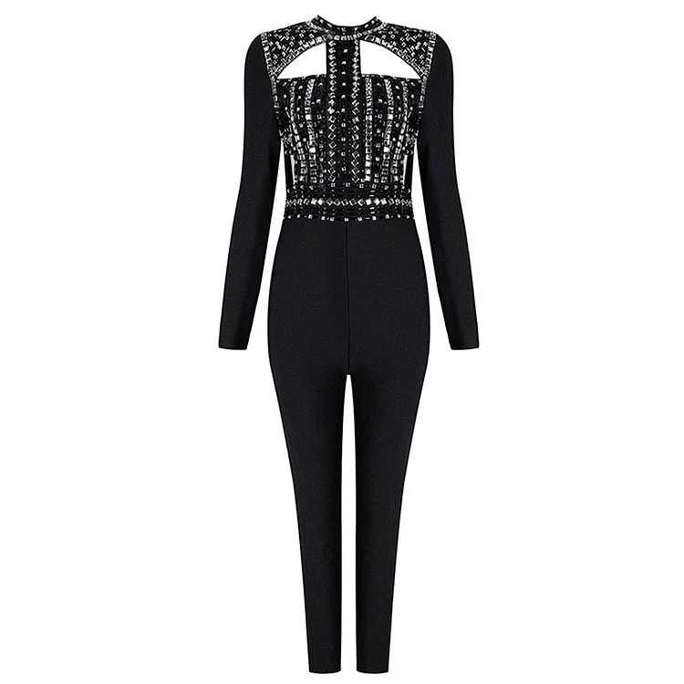 Hollow Out Beaded Bandage Jumpsuit SE164