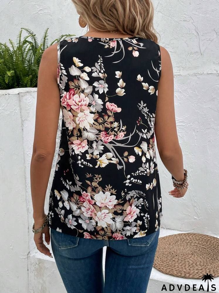 Floral Printed V-Neck Sleeveless Vest Top For Women, Summer